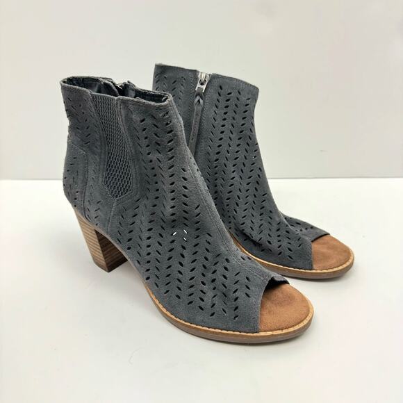 TOMS Majorca Gray Suede Leather Perforated Open Toe Ankle Bootie Heeled Sandals - Picture 7 of 12